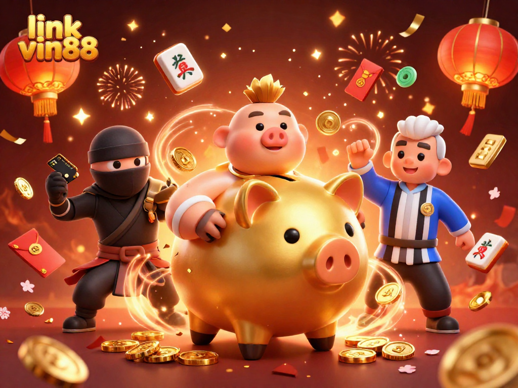 Experience excitement at link vin88 with a vibrant scene of a ground-stomping piggy bank sumo wrestling coins!