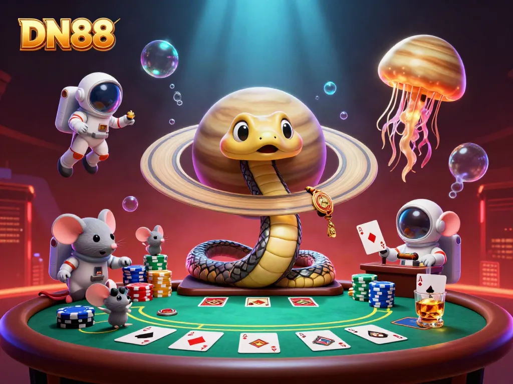 Experience thrilling bets with DN88 as cartoon characters engage in cosmic gaming with vibrant colors.