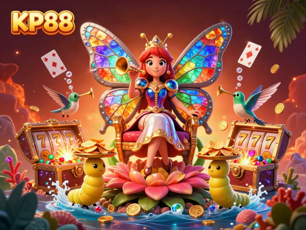 Experience the vibrant amusement of KP88 with a cartoon butterfly queen, surrounded by thrilling gaming elements.