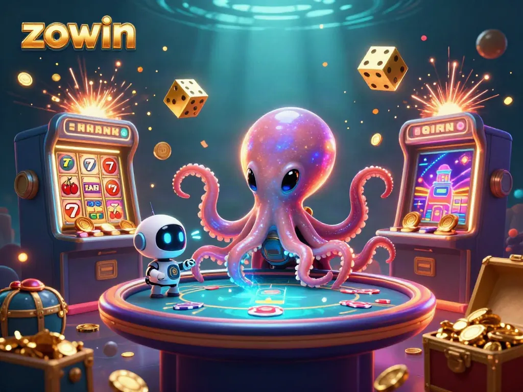 Zowin showcases a vibrant gaming universe with a whimsical alien octopus and casino elements in action.