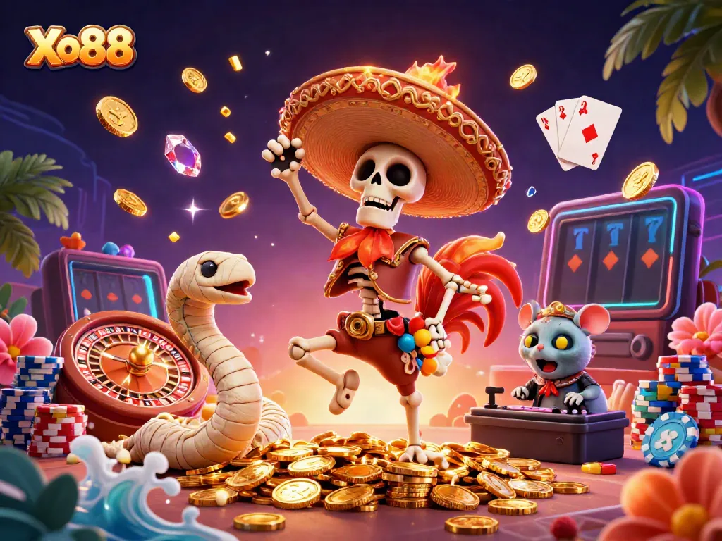 Xo88's vibrant 3D illustration featuring a mariachi rooster celebrating with cascading coins and roulette elements.