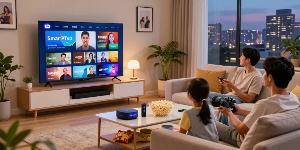 Family enjoying IPTV subscription movie night in a cozy living room, modern Smart TV setup.