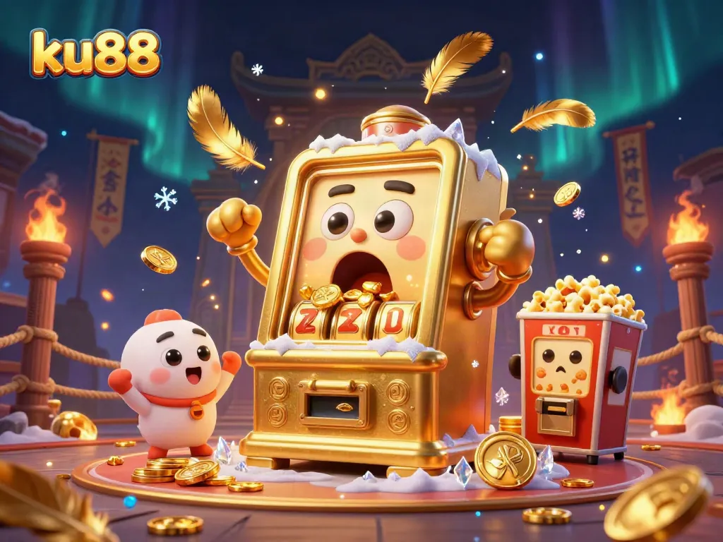 ku88 slot machine celebrates its jackpot with gold coins pouring out, surrounded by cheering mini machines