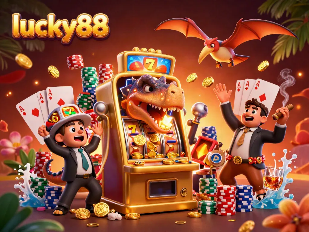 Experience luck at lucky88 as a cartoon dinosaur wins jackpots and golden coins rain down.