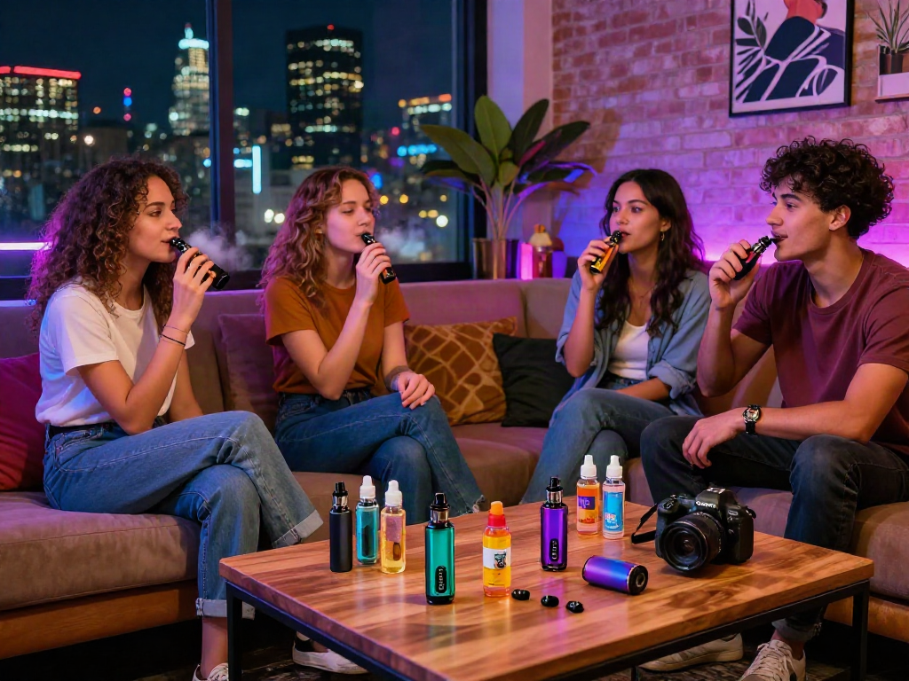 Group enjoying raz vape products in a cozy urban lounge with vibrant colors and stylish decor