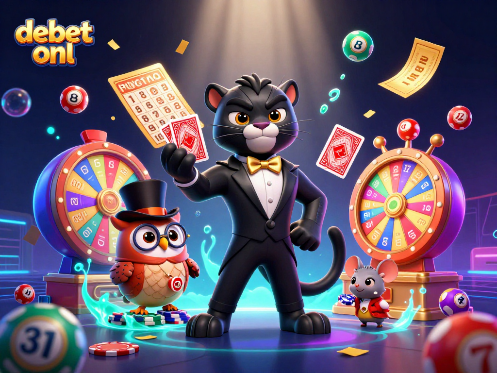 Experience debet onl in this vibrant 3D casino scene with colorful lottery elements and charming characters.