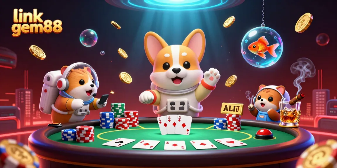 Engage with the exciting casino experience at link gem88 with a 3D cartoon illustration of floating characters and poker elements.