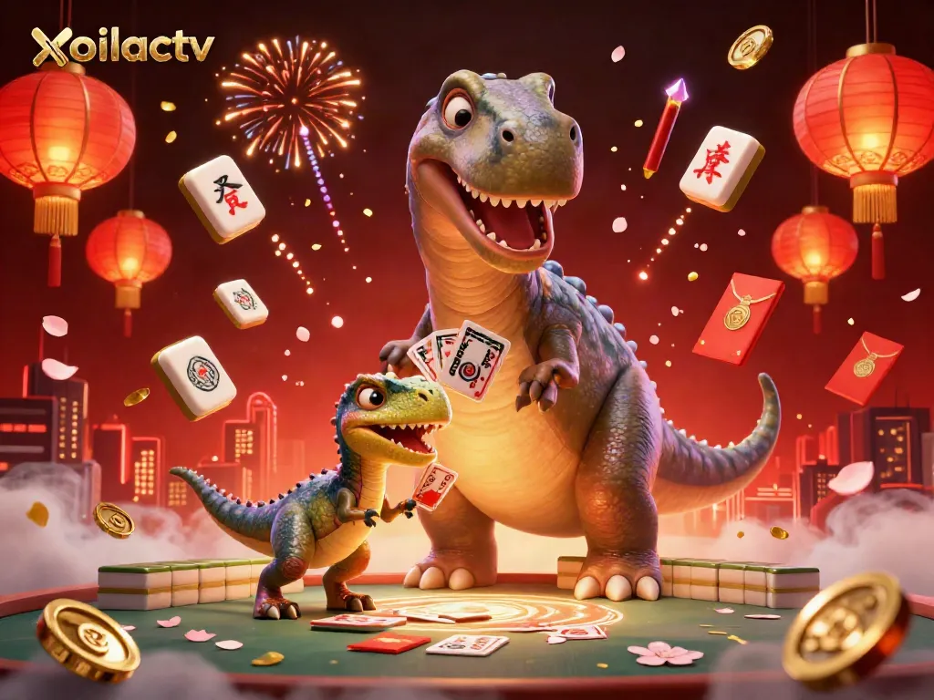 Xoilactv casino scene featuring a giant brontosaurus and clever raptor engaging in a lively card game, surrounded by vibrant elements.