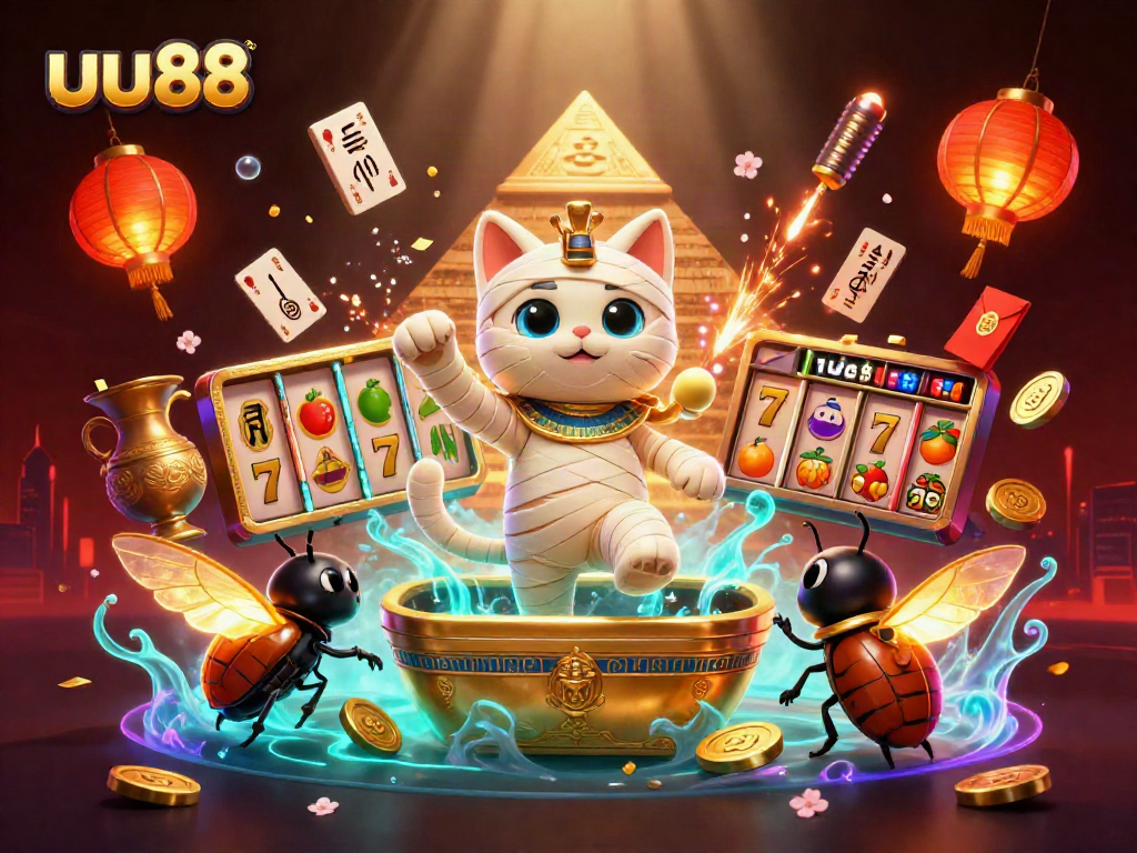 uu88 interactive casino scene with a mummy cat and glowing scarab, showcasing slot elements and vibrant decorations