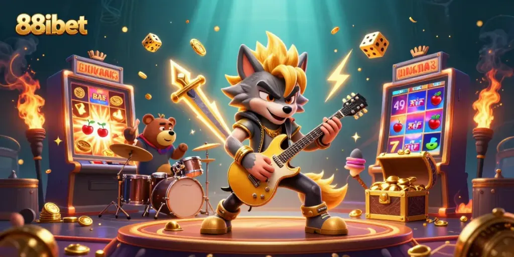 Experience the excitement at 88ibet with a cartoon rock star wolf and drummer bear in a vibrant casino.