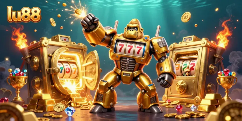 Experience exciting wins at lu88 with a dynamic golden gorilla mech, surrounded by gold treasures and vibrant casino elements.