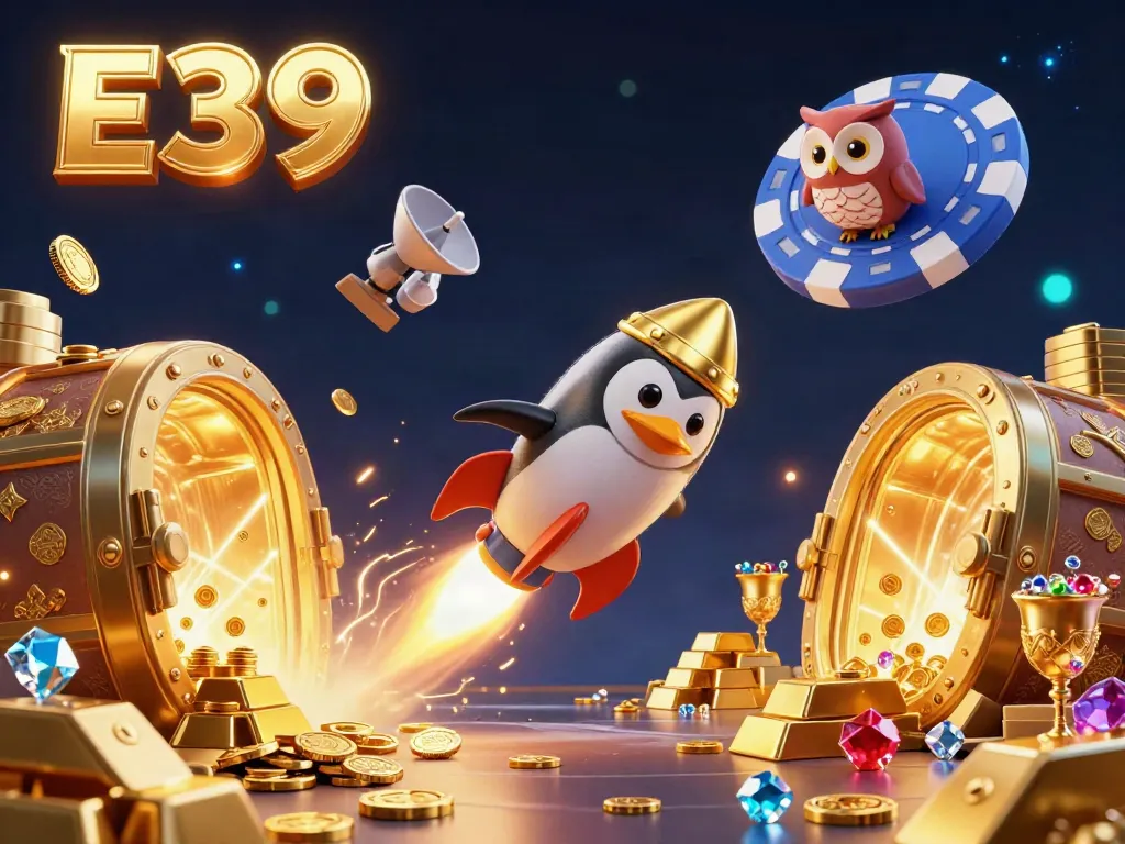 Experience the thrilling E39 casino adventure with a golden penguin soaring through space!