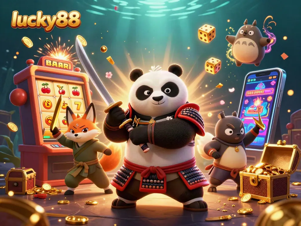 Experience the thrill of lucky88 with a panda samurai and ninja fox amid jackpot scenes.