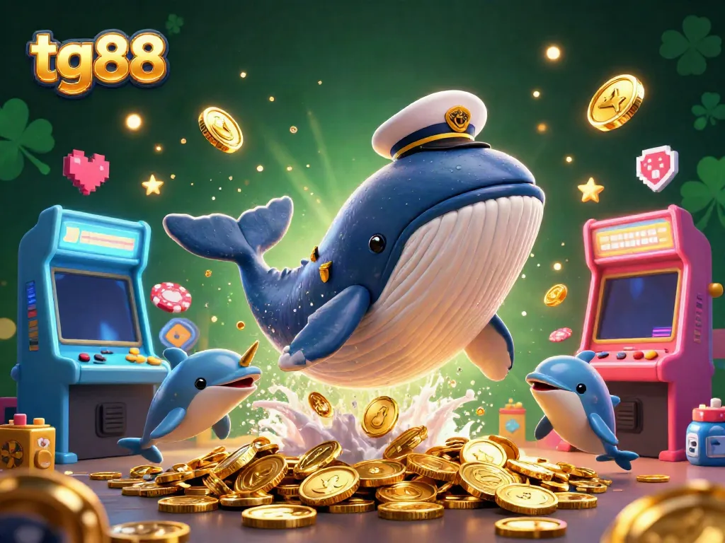 Experience the thrilling action at tg88 with a cartoon whale and playful dolphins in a vibrant casino-themed 3D illustration.