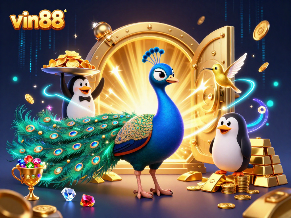 Engage with vin88's captivating casino world featuring vibrant characters and golden treasure details.