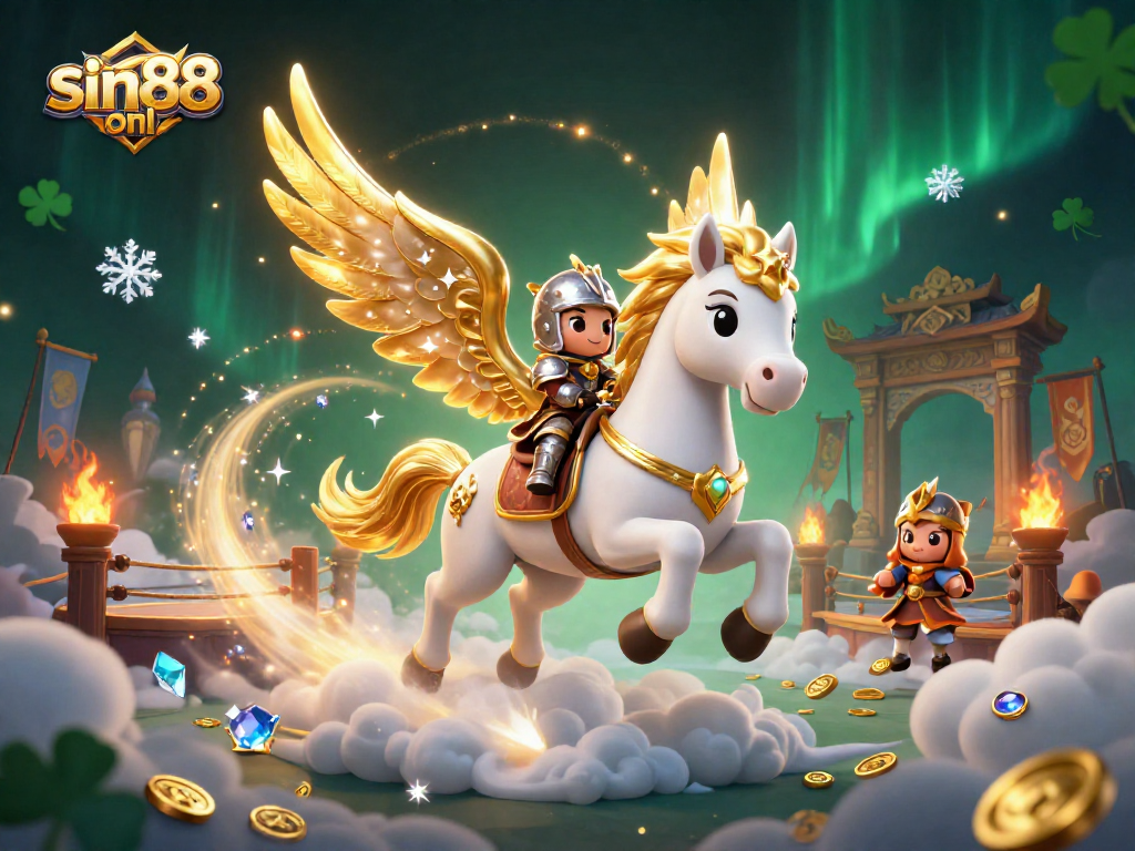 Experience thrilling gameplay with sin88 onl as a celestial knight rides a magical horse in this vibrant casino scene.