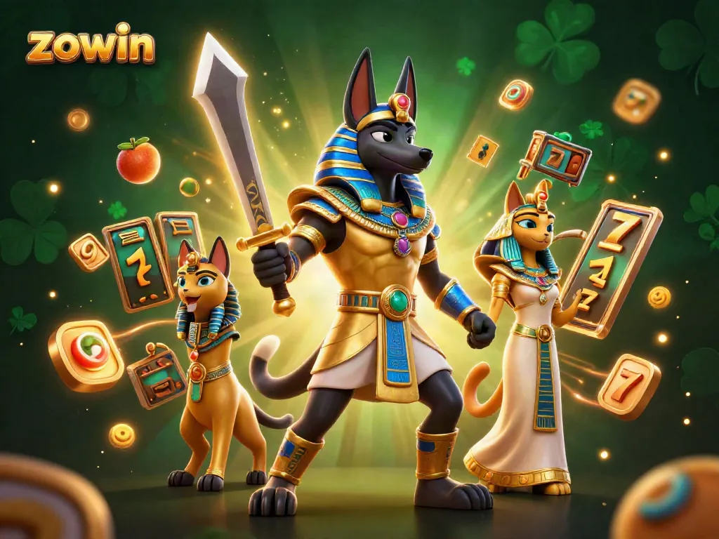 Zowin offers thrilling casino action with Anubis and Bastet amidst dynamic slot games and golden sparkles.