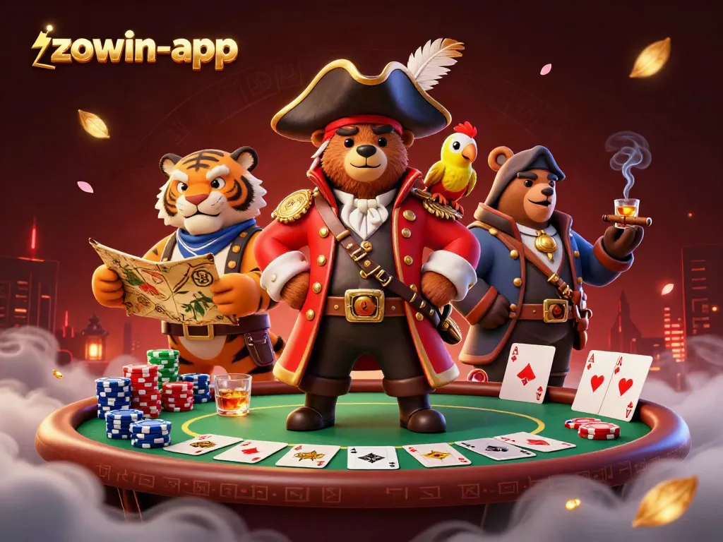 Experience the thrilling excitement of zowin-app with pirate captain and tiger amidst a dynamic poker scene showcasing action-packed gameplay.