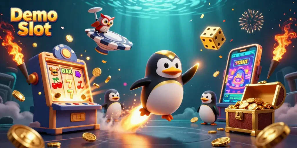 Experience thrilling gameplay with Demo Slot as a golden penguin navigates a vibrant casino world.