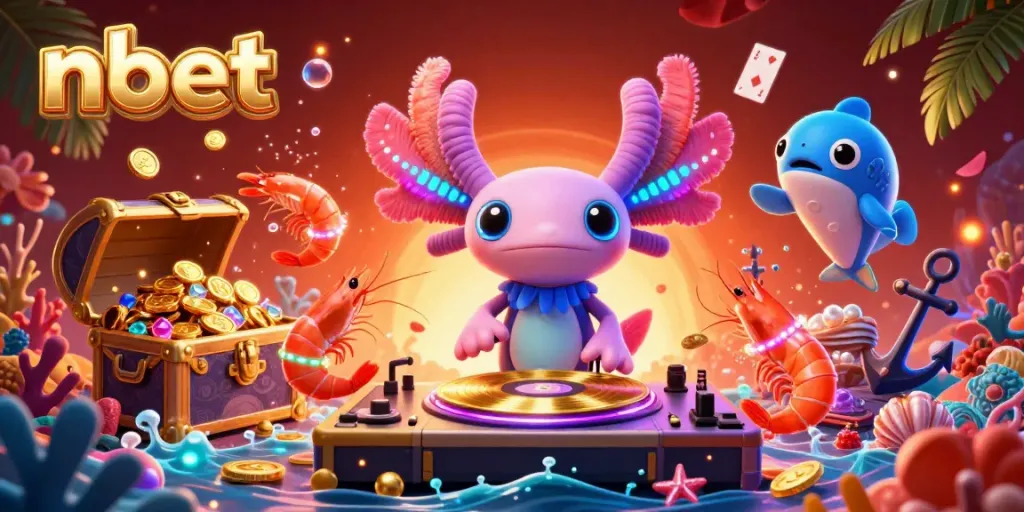 Experience nbet's vibrant underwater casino scene with a neon axolotl DJ and lively sea creatures.