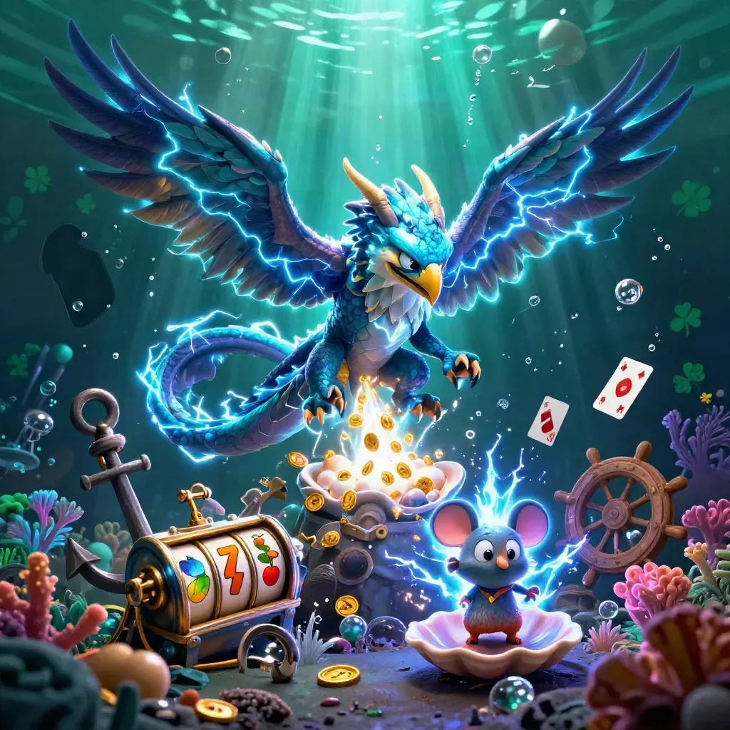Thunder dragon, wind hawk, and tiny mouse in a glowing treasure cove with coins, coral, and slot symbols.