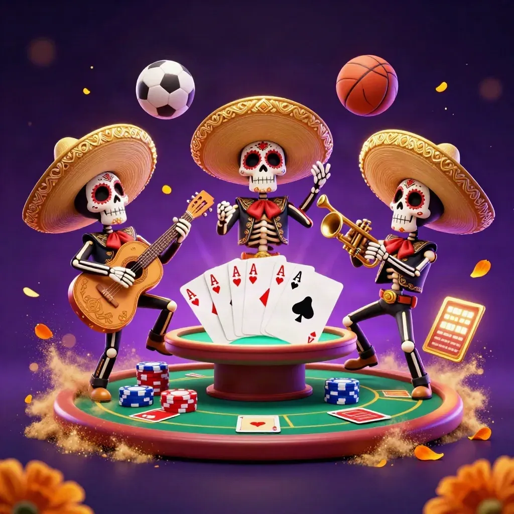 Skeleton mariachi trio with chips, cards, soccer ball and glowing casino light.