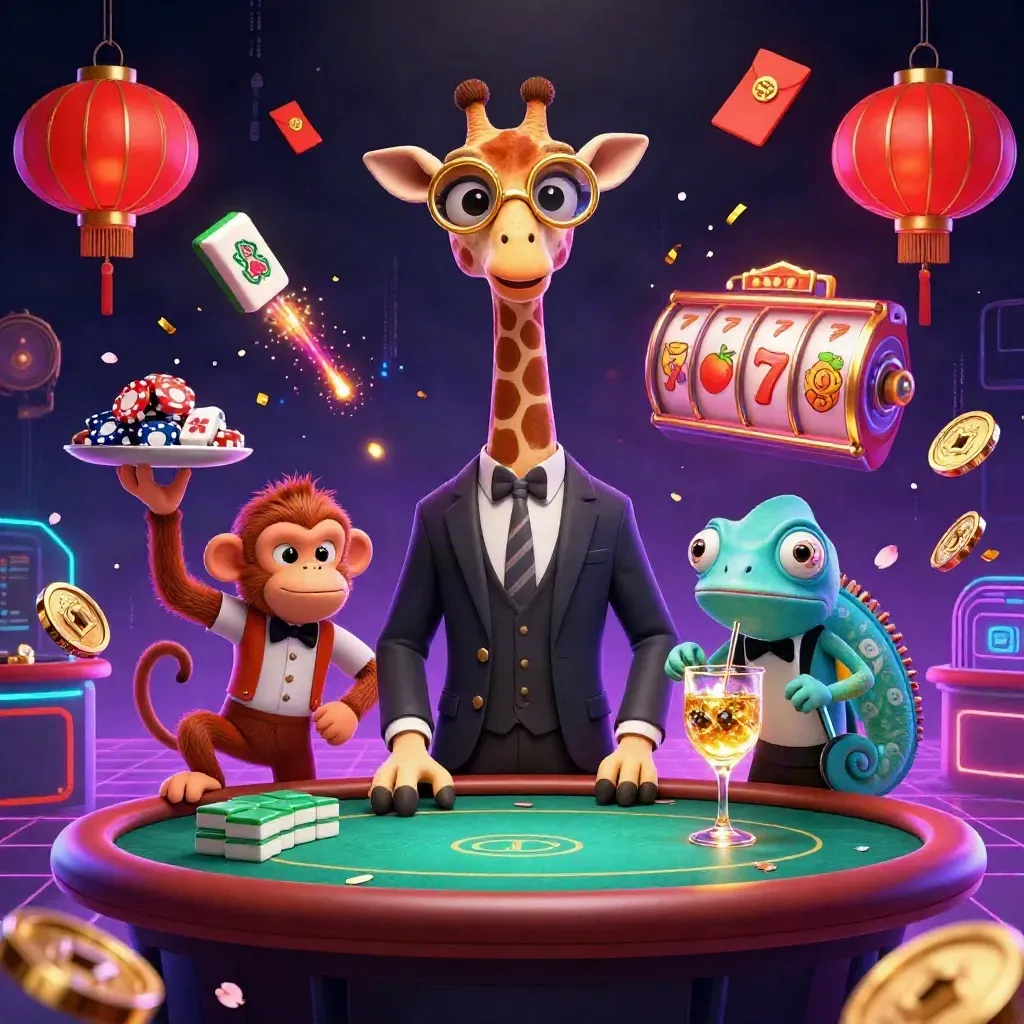 Giraffe, monkey, and chameleon casino heroes amid neon treasures and slot symbols.