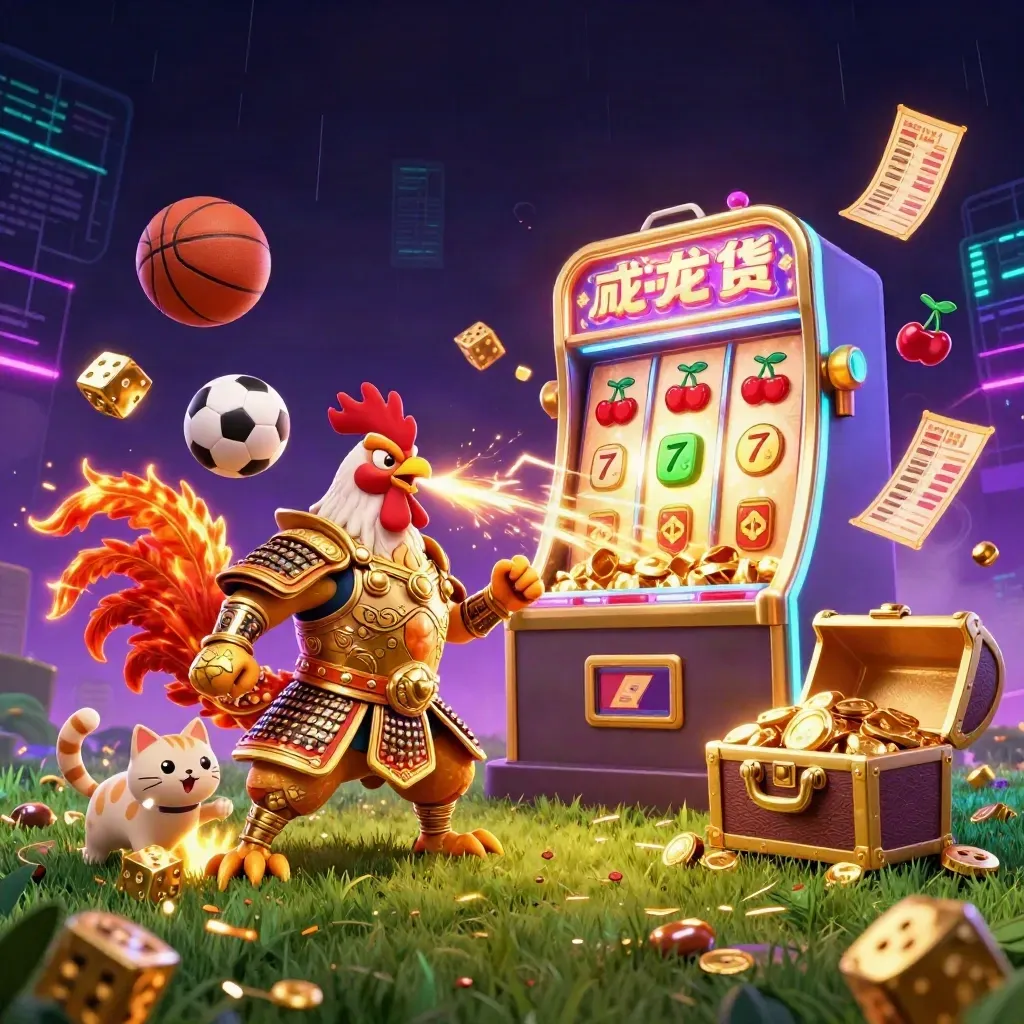 Rooster warrior, dragon hatchling and fortune-cat amid casino sports chaos with balls, dice and sparks.