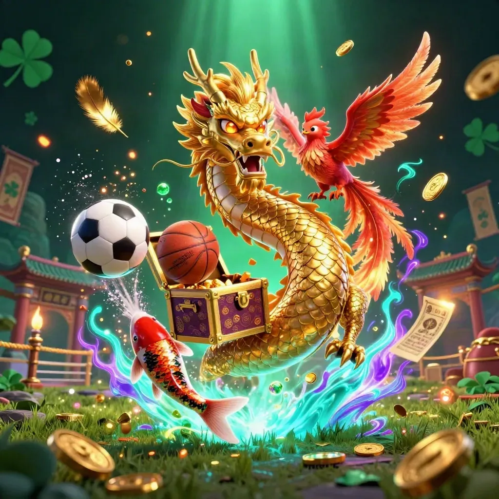 Golden dragon, phoenix, koi, balls, and casino loot in a neon sports-casino burst.