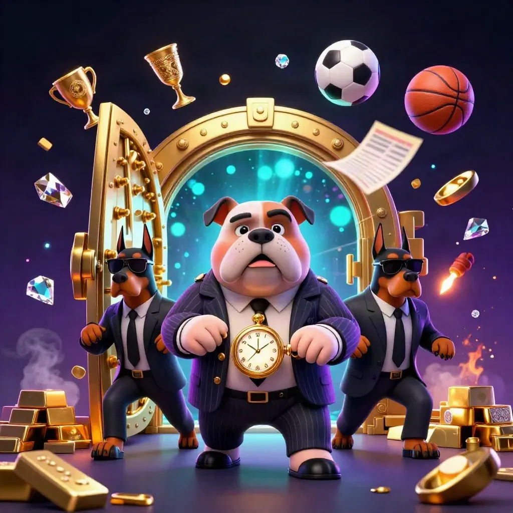 Bulldog boss and Doberman guards burst from a gold vault amid sports balls and casino glow.