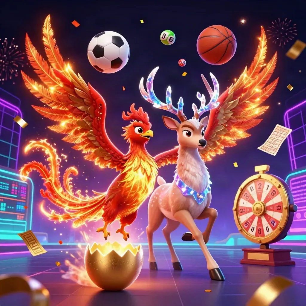 Phoenix, baby phoenix, and crystal-antlered stag amid casino balls, fireworks, and neon sports energy