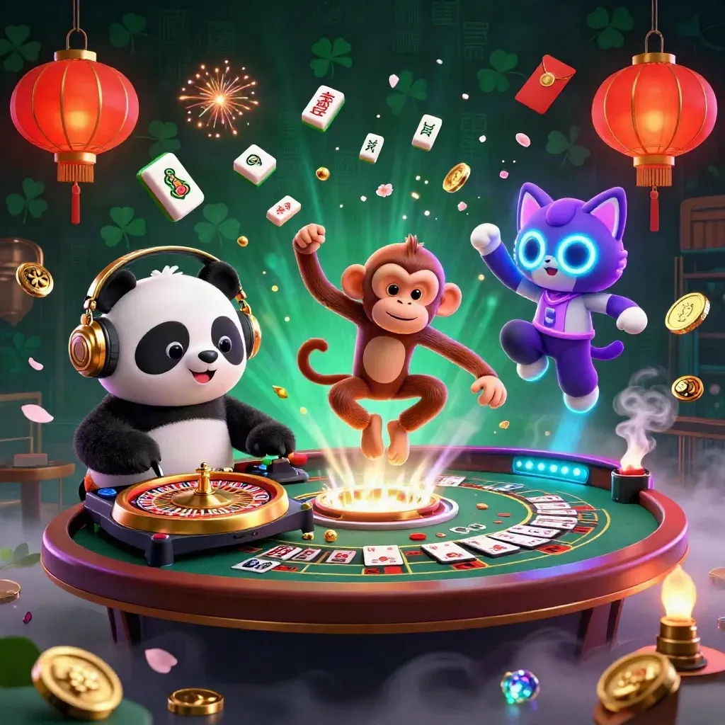 DJ panda, dancing monkey, and glow-stick kitten in a neon casino with lanterns and gold coins