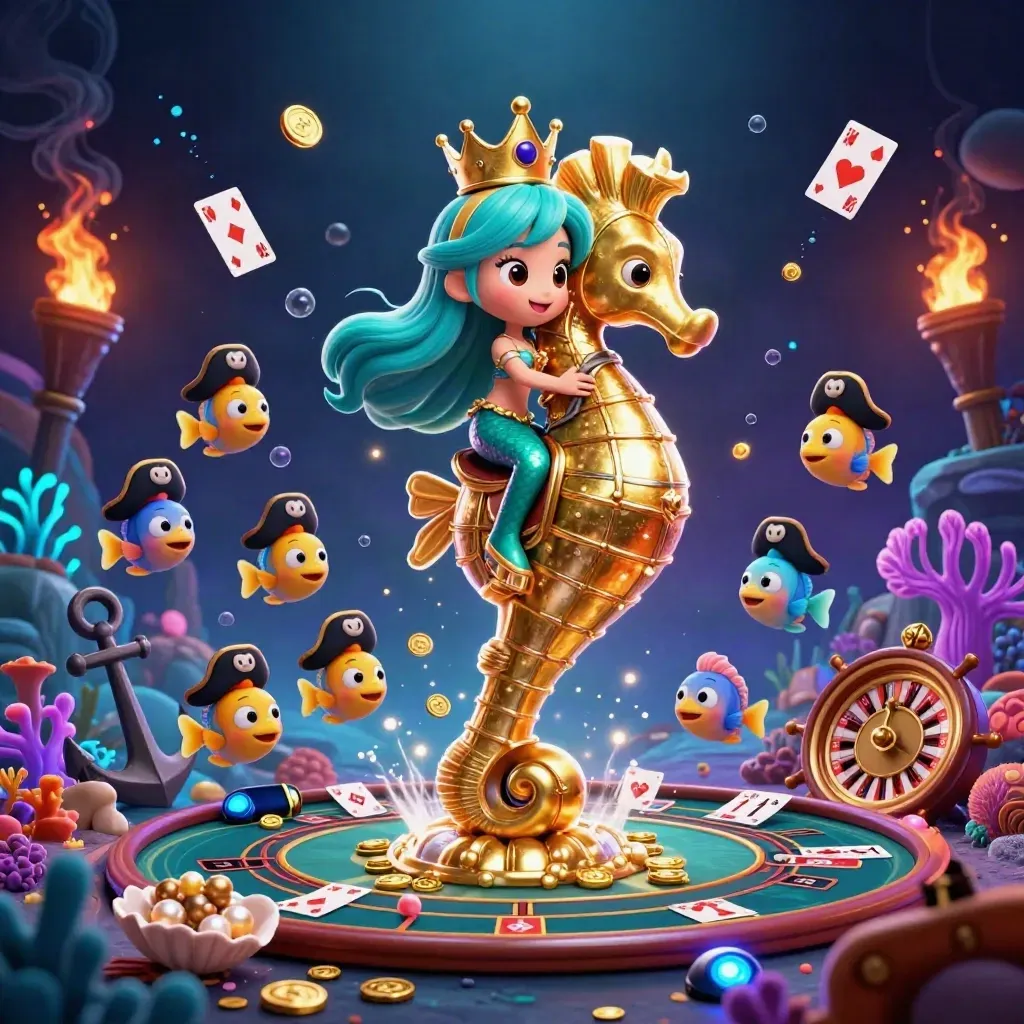 Mermaid princess on a golden seahorse amid treasure, casino props, and glowing underwater magic.