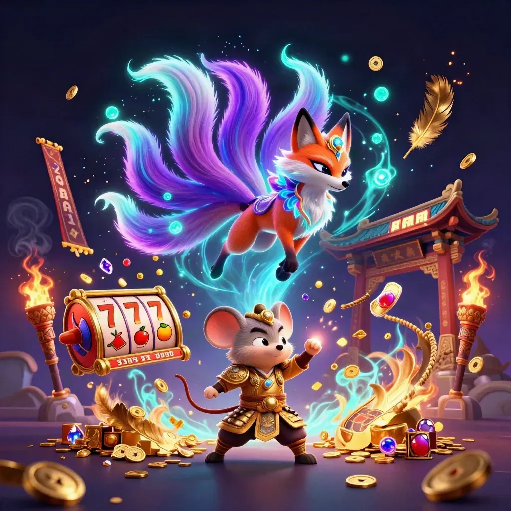 Nine-tailed fox spirit and armored samurai mouse amid neon casino treasure and temple fire.