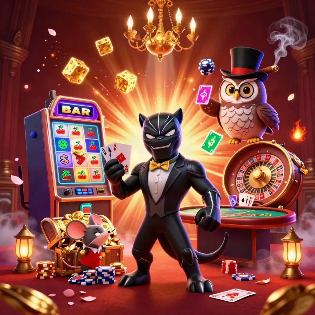Panther, owl, and mouse in a luxe casino room with glowing slot burst and treasure.