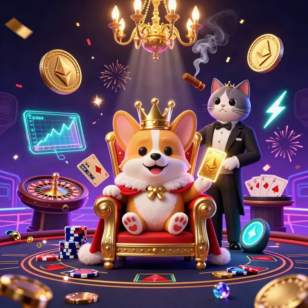 Crowned corgi and cat butler amid neon coins, charts, cards, and casino glow