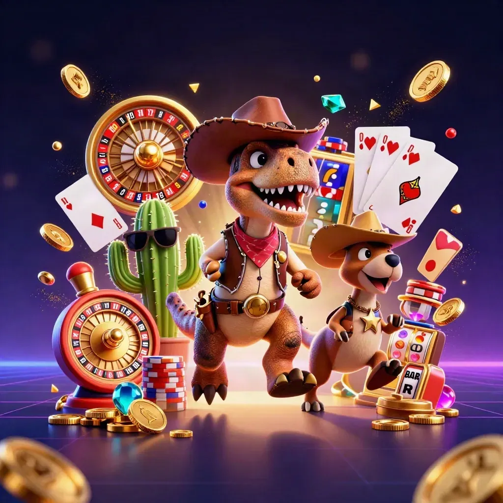 Cartoon cowboy T-Rex, cactus sidekick, and roadrunner amid coins, gems, roulette wheel, chips, and neon glow.