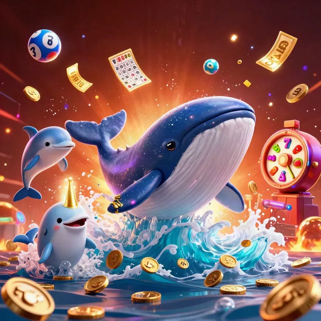 Whale captain, narwhal, and dolphins burst through coins with casino icons and neon energy.