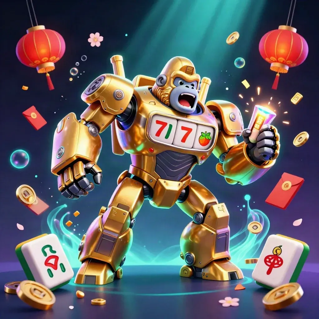 Golden gorilla mech with tiny monkey pilot, bursting teal casino loot and neon glow