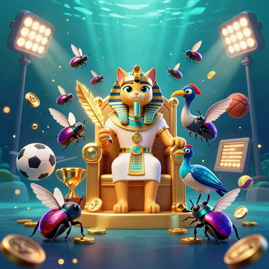 Pharaoh cat, ibis scribe, and scarab beetles amid teal casino glow, balls and gold bursting out