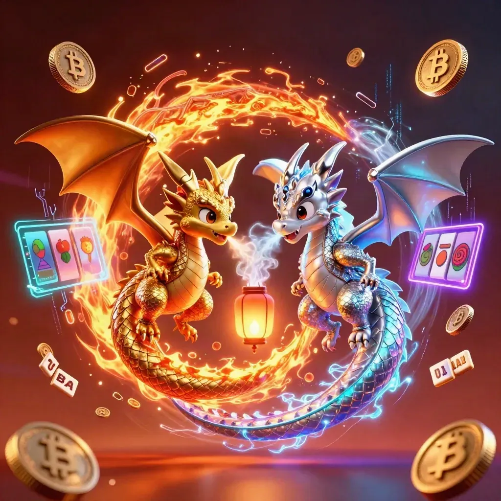 Two intertwined gold and silver dragons with a tiny lantern spirit amid neon casino energy