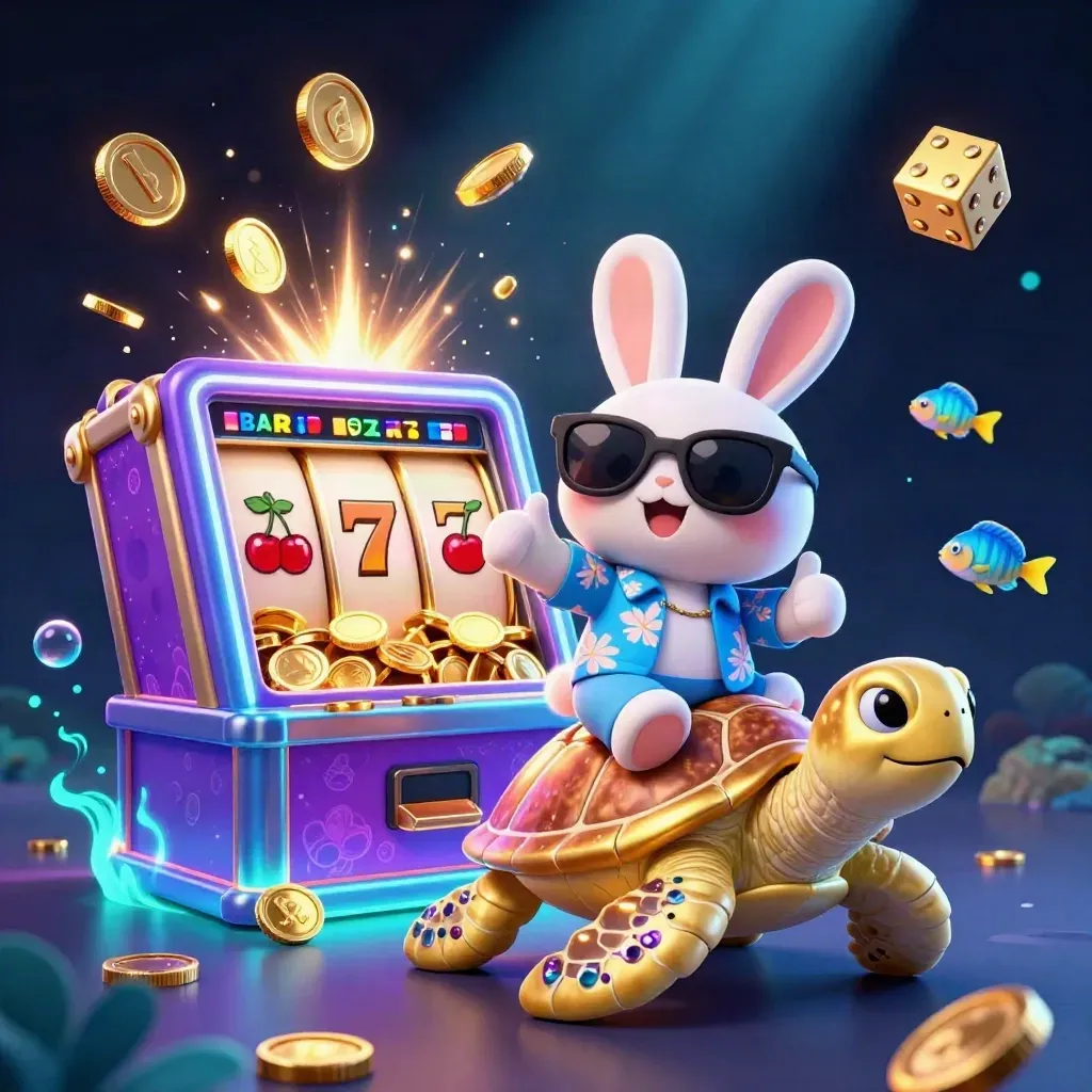 Lucky rabbit on golden sea turtle amid bursting slot machine, gold coins, fireworks, and treasure chest.