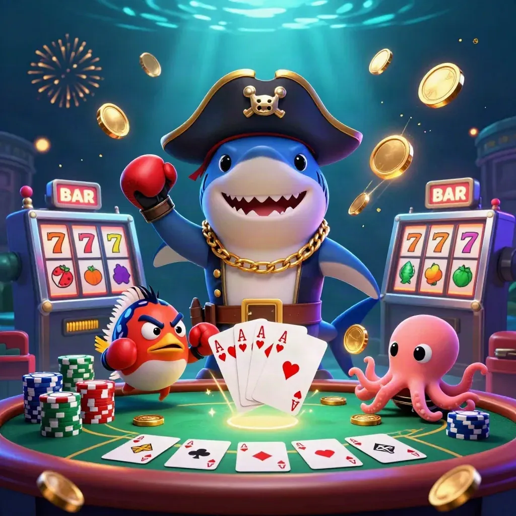 Pirate shark, pufferfish, and octopus amid casino coins, chips, and underwater glow.