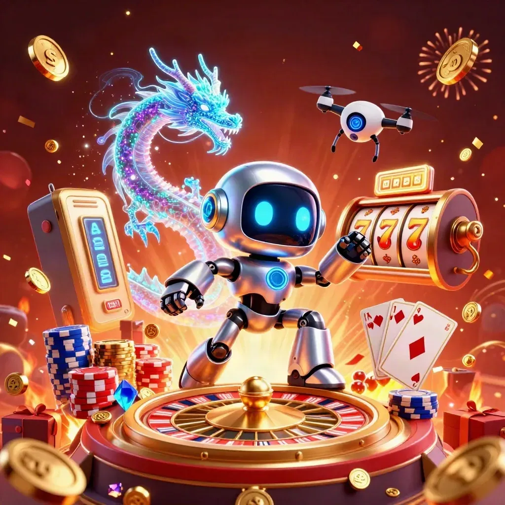 Cyberpunk robot, holographic dragon, and coin drone burst amid coins, chips, cards, and fireworks.