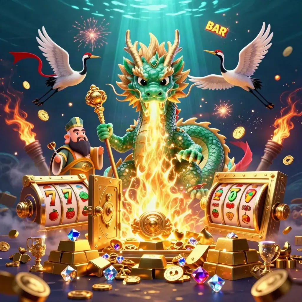 Emerald dragon, turtle sage, and cranes burst from a gold vault amid neon casino treasure.