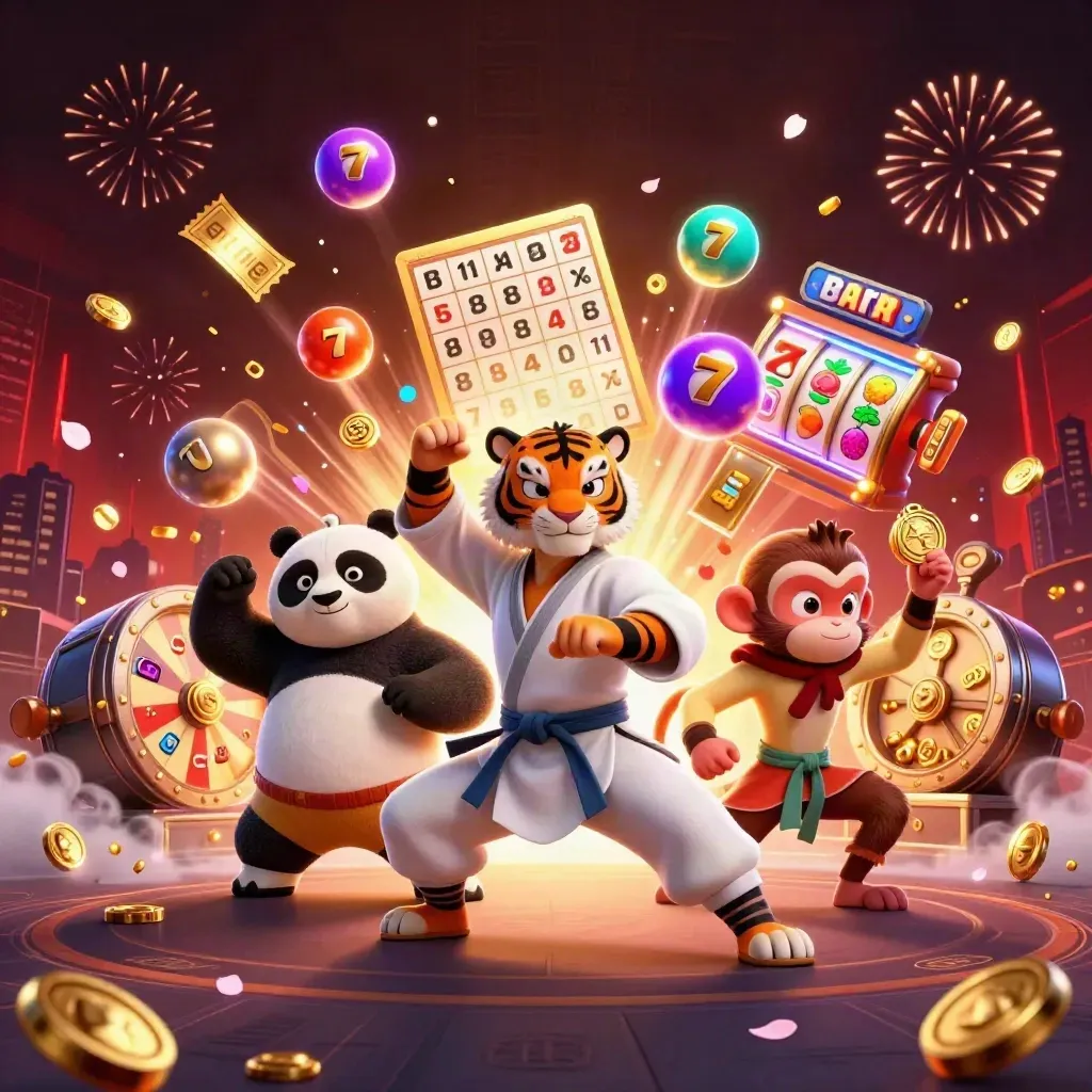 Kung-fu tiger, panda, and monkey amid casino bursts, coins, reels, fireworks, and glowing red darkness.