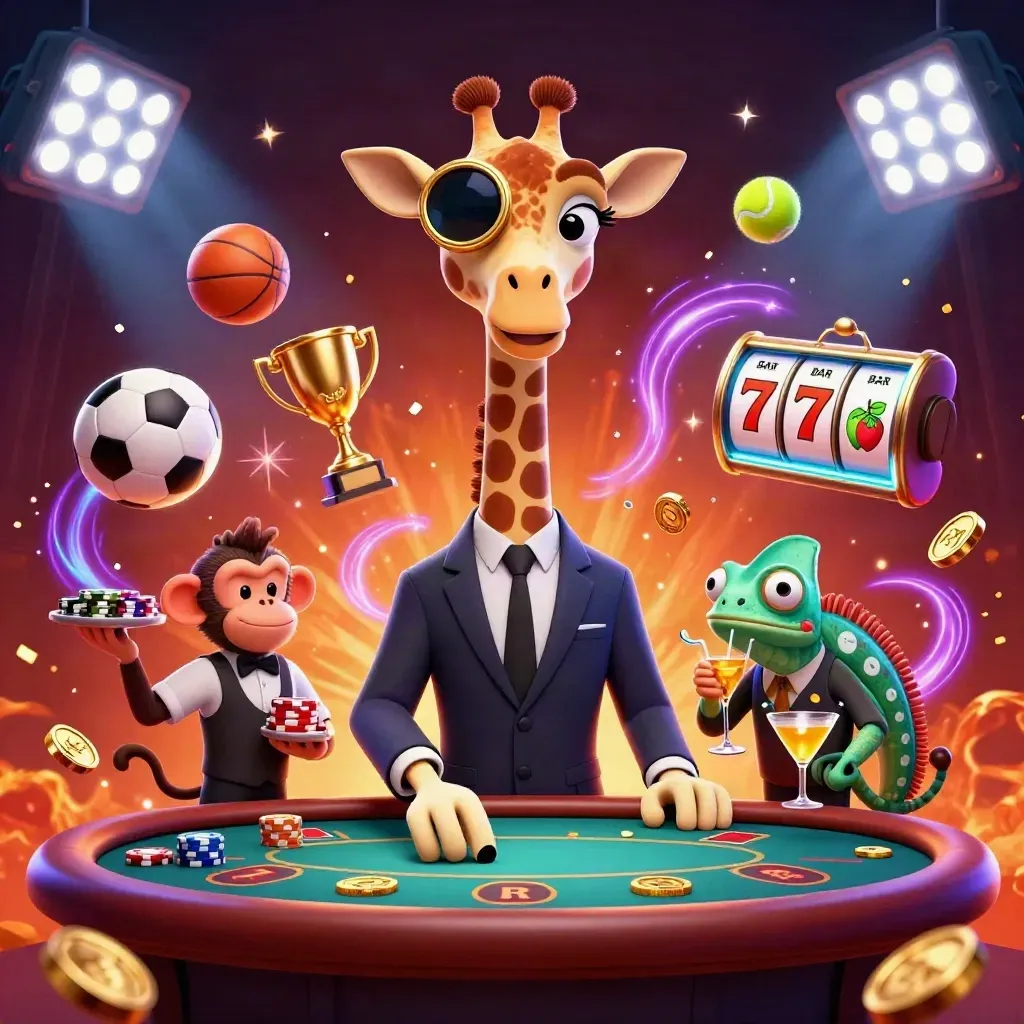 Golden giraffe, monkey valet, and chameleon bartender amid casino sparks and flying sports balls.