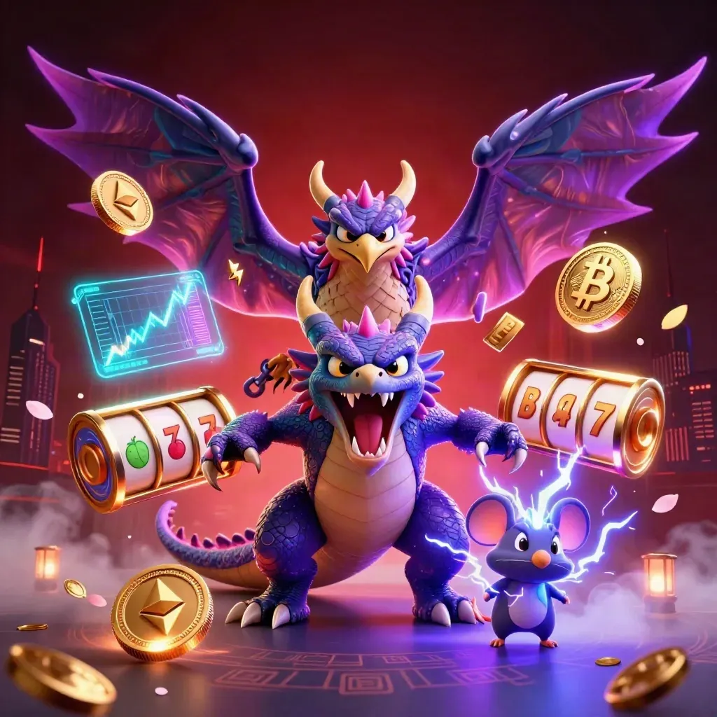 Thunder dragon, wind hawk, and static mouse amid casino lightning, coins, runes, and glowing reels.