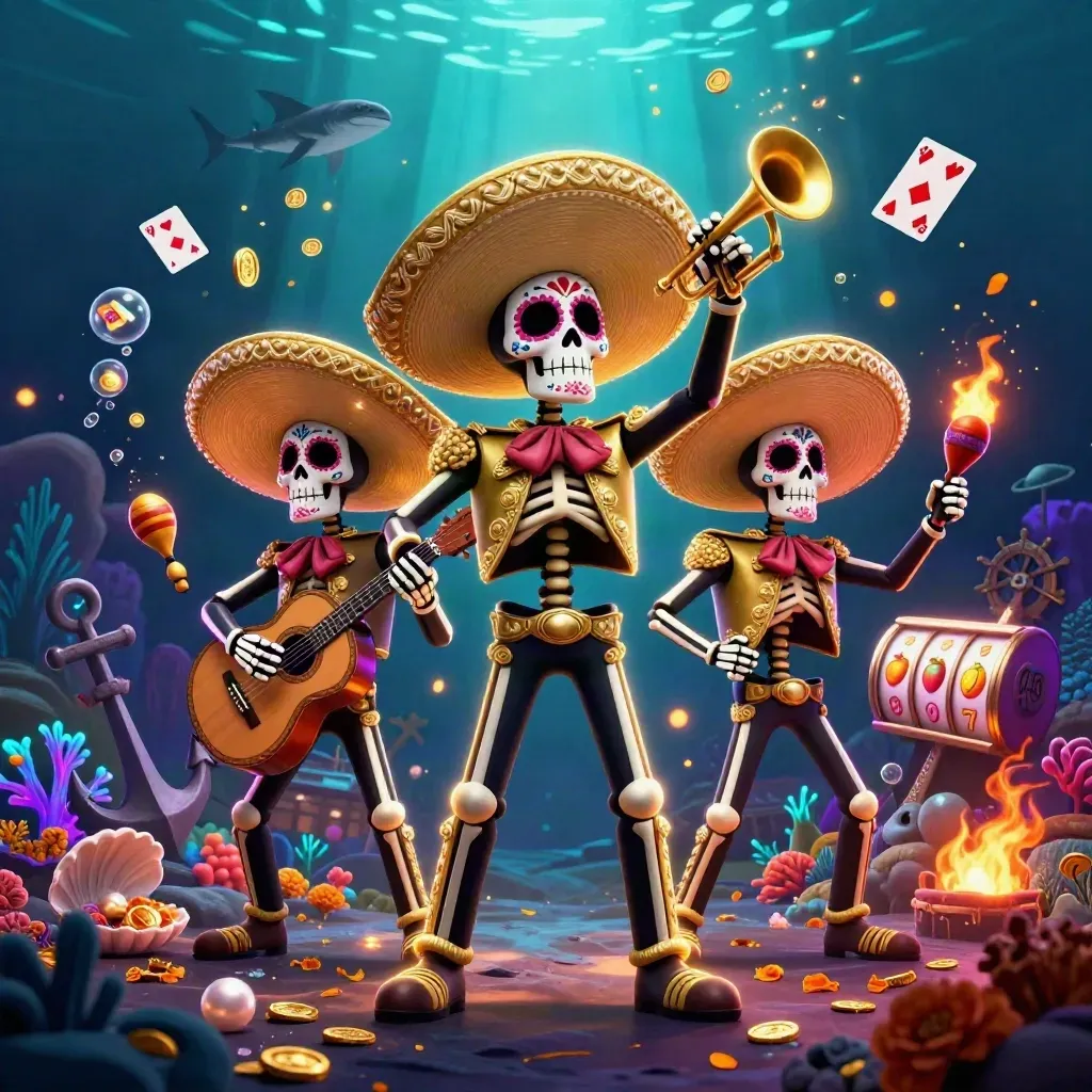 Three skeleton mariachi performers in an underwater gold-and-neon casino splash screen