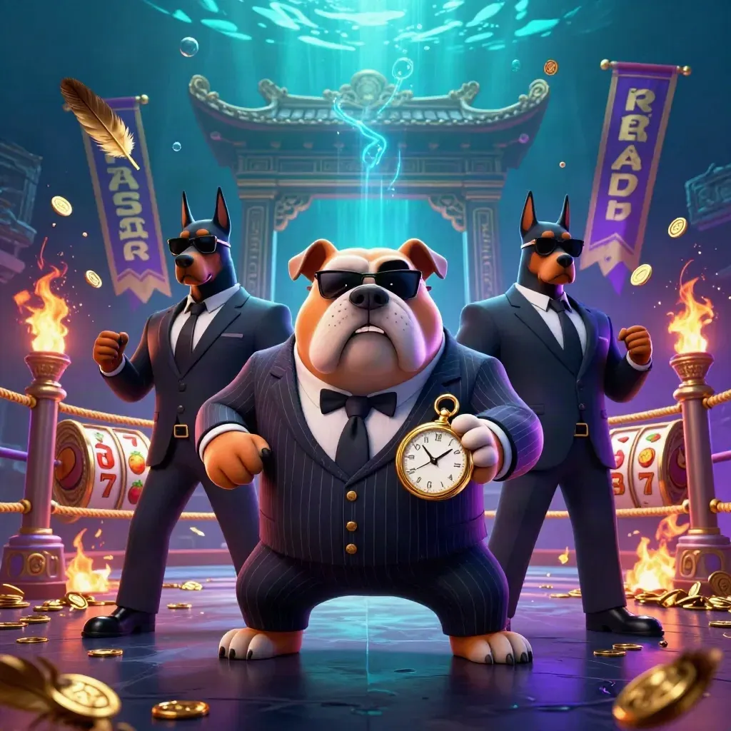 Bulldog boss with two Dobermans amid casino symbols, temple gate, coins, and underwater neon glow.